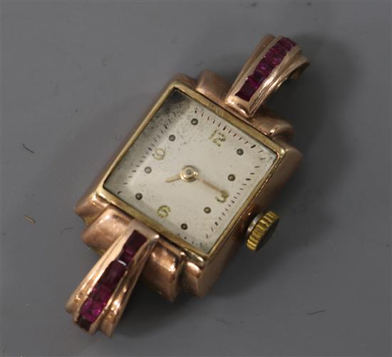 A ladys 1940s/1950s 9ct gold and gem set manual wind cocktail watch (no strap).